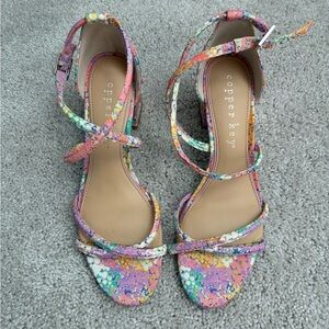 Copper Key Buttercup Floral Print Cross Strap Heels